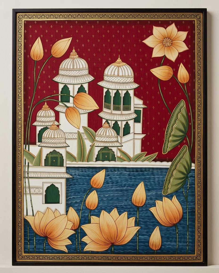 Lotus Pond with Palace – Handmade Pichwai Painting